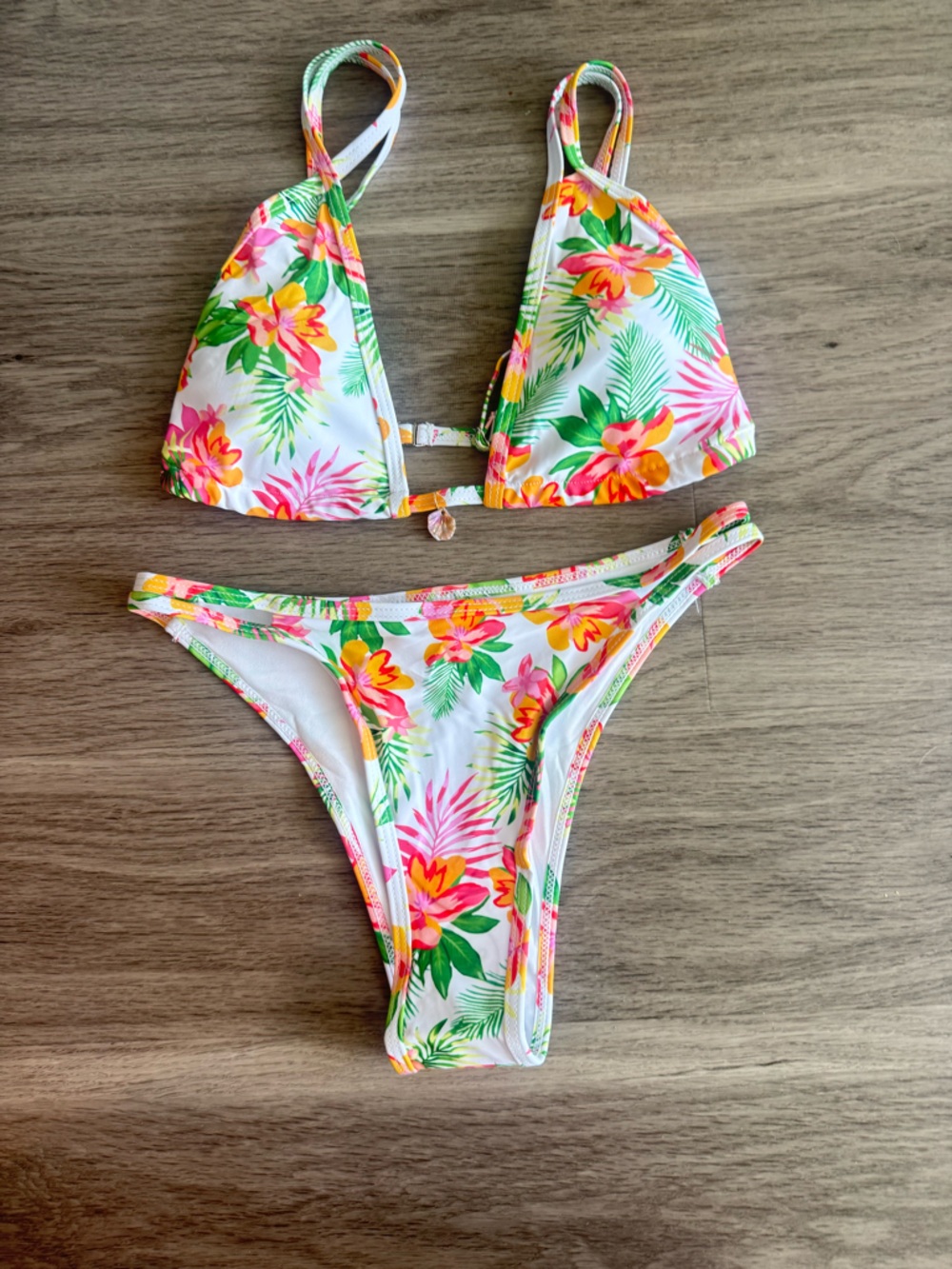Floral Triangle Bikini Set - White with Pink & Green